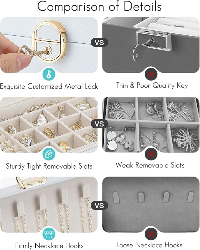 Vlando Jewelry Box Organizer for Women Girl,Lockable Jewelry Case Boxes with 2 Layers,Earrings Necklace,Rings Storage,Gift Bo