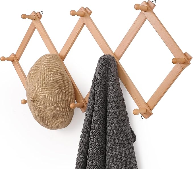 SCUNDA Wall Rack with 10 Hooks, Wooden Wall Expandable Coat Rack for Coat, Hats, Baseball Caps, Coffee Mug, Jewelry(Natural)