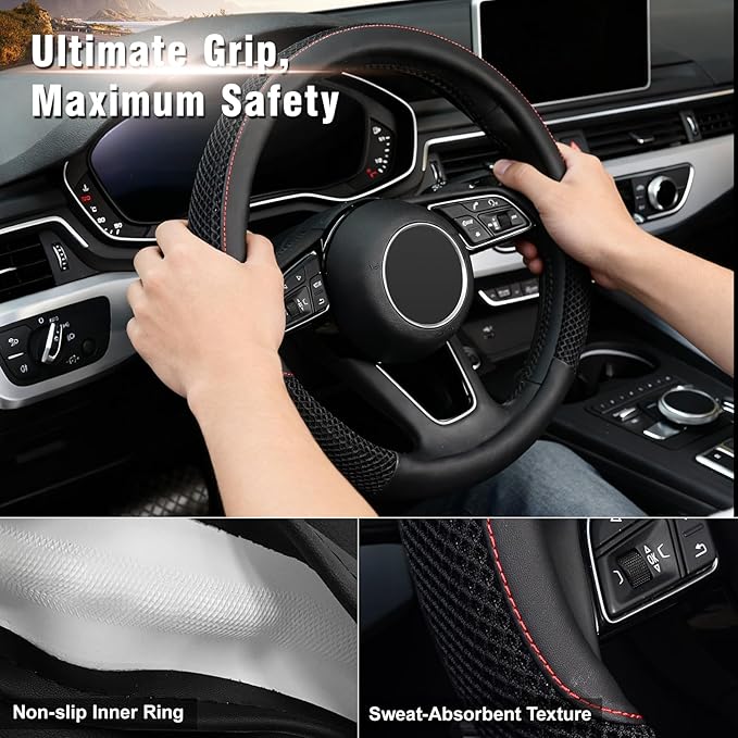 KAFEEK 15 inch Steering Wheel Cover, Cooling Ice Silk Mesh with Microfiber Leather, Ultra Breathable, Anti Slip Car Grip, Hea
