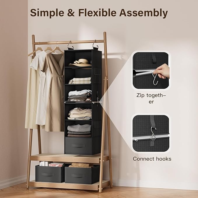 Pipishell 6-Shelf Hanging Closet Organizer with 2 Separable 3-Tier Shelves, 3 Drawers & Side Pockets Closet Organizers and St