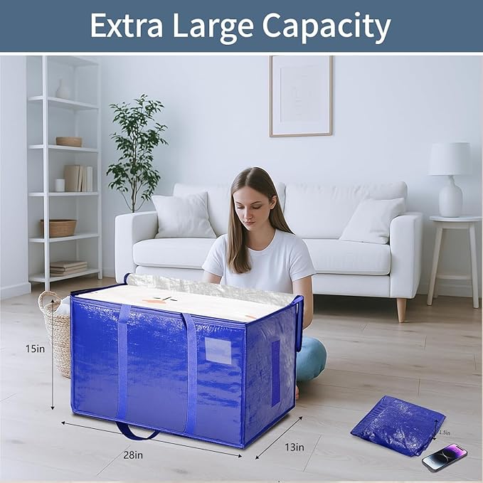 4 Pack-Extra Large Heavy Duty Moving Bags - Waterproof Storage Totes with Handles & Zippers, Foldable for College Dorm, Stora
