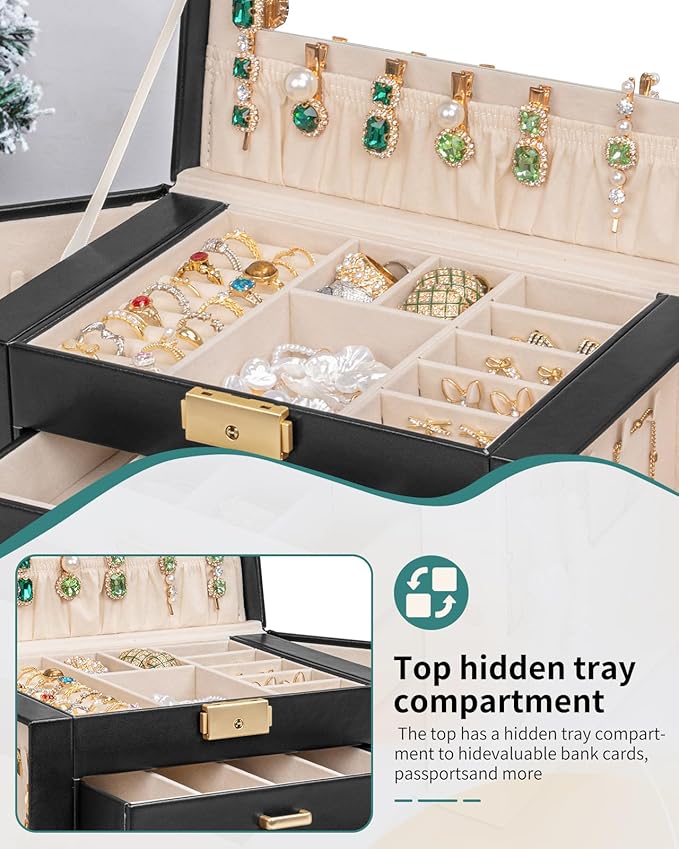 AKOZLIN Large 4-Tier Jewelry Box Leather Jewelry Storage Organizer with 3 Drawers Lockable for Women Girls Ring Necklace Earr