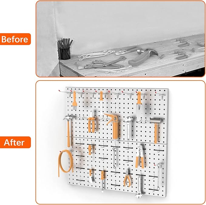 TORACK Metal Pegboard Wall Tool Organizer 24" x 24" or 12" x 48", 70 PCS Tools Storage Pegboard for Garage Peg Board Tool Org