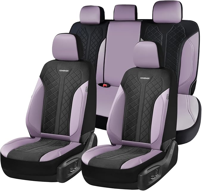 Coverado Seat Covers for Car 5 Seats, Leather Car Seat Covers Fullset, Breathable Mesh Front and Rear Protectors, Purple Luxu