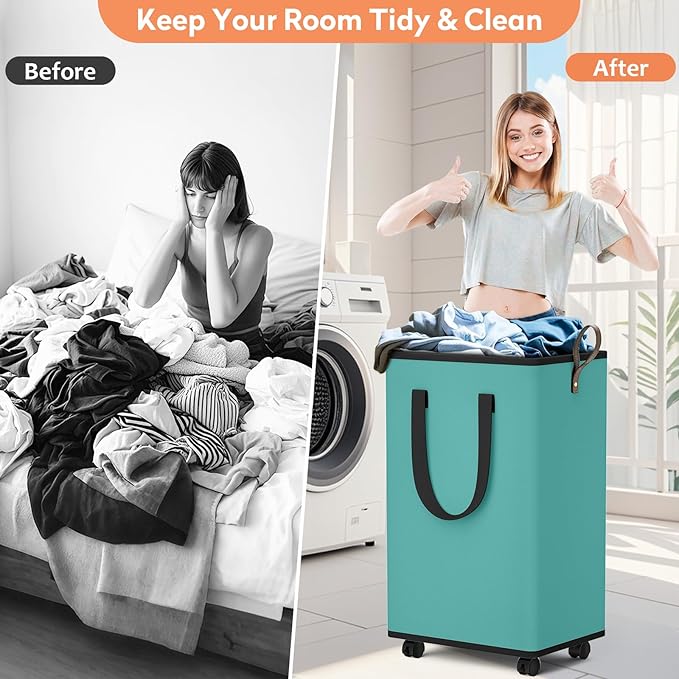 SpaceTrove Laundry Basket with Wheels, Collapsible Laundry Baskets, Laundry Hamper with Handles Detachable Wheels, Rolling La
