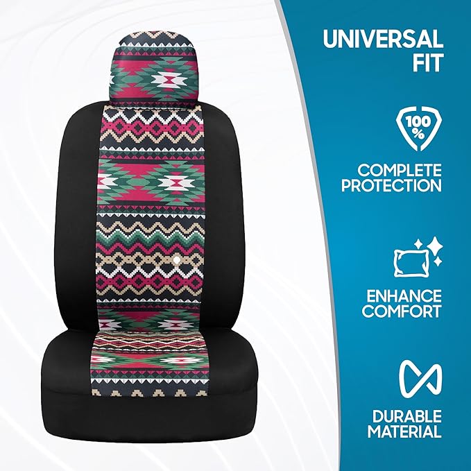 BDK Pink Inca Car Seat Covers for Front Seats, 2 Pack– Geometric Print Front Seat Cover Set with Matching Headrest, Sideless 