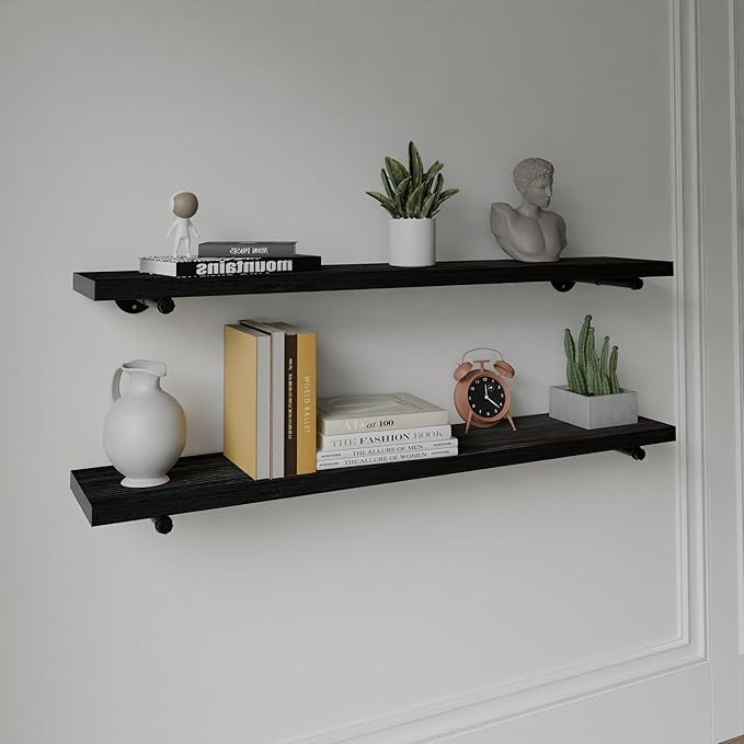 Industrial Pipe Wall Wood Shelves,Real Wooden Shelves 48" in Black Planks Color with 1.2" Extra Thickness, Modern Floating Sh