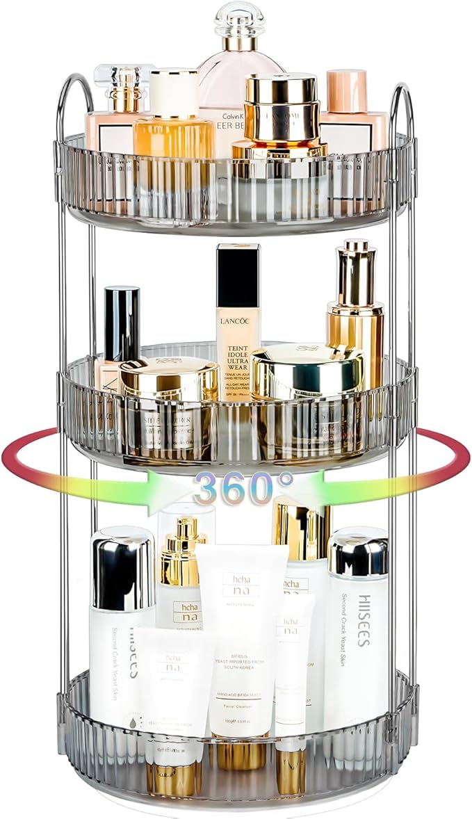 360 Rotating Makeup Organizer, 3 Tier Large Capacity Lazy Susan Bathroom Counter Organizer, Skincare Organizers, Spinning Per