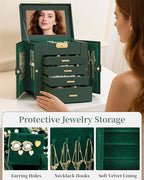 TORIBIO Jewelry Box for Women, Leather Jewelry Organizer with Mirror & Lock, 5-Tier Jewelry Storage Organizer with 4 Drawers 