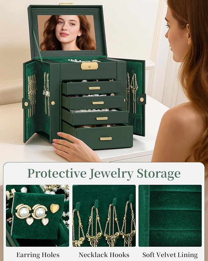 TORIBIO Jewelry Box for Women, Leather Jewelry Organizer with Mirror & Lock, 5-Tier Jewelry Storage Organizer with 4 Drawers 