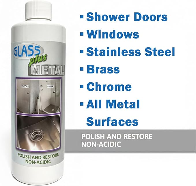 Glass Plus Metal - Polish and Restore | Safe Water Deposit & Stain Remover | Shower Glass, Stainless Steel Frames, Kitchen, B