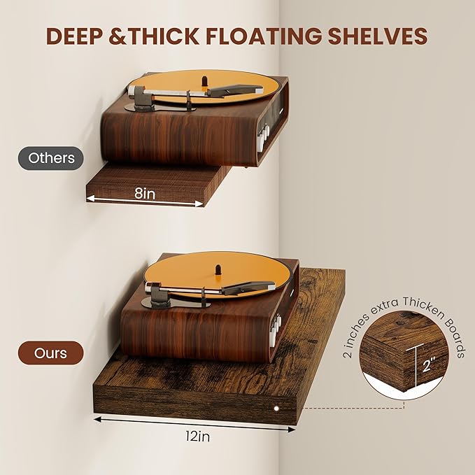 Vivelove 12" Deep Floating Shelves Over Toilet, 24" Wall Shelves for Bathroom Bedroom Kitchen Living Room Laundry Room, Farmh