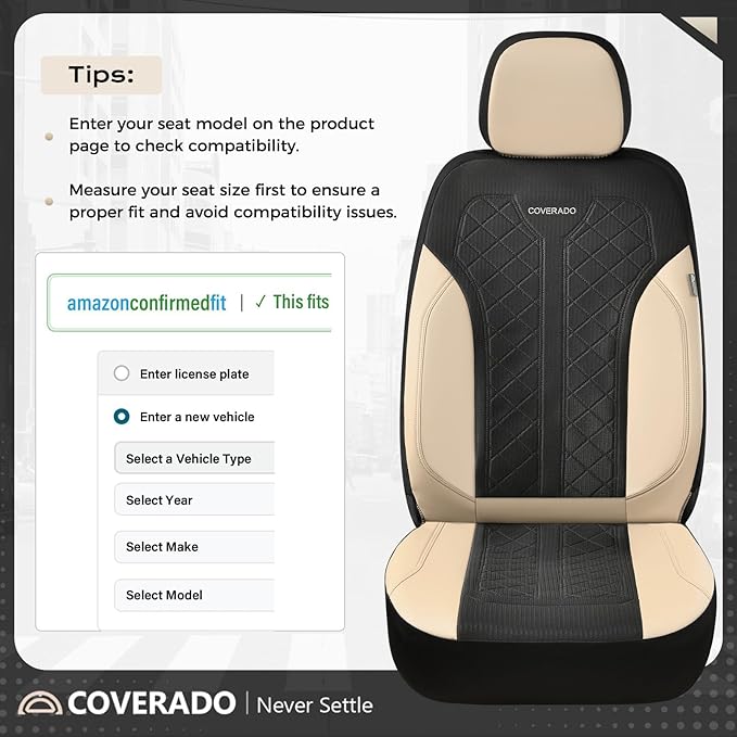 Coverado Front Seat Covers, Beige Seat Covers 2 Seats, Leather Car Protectors 2-Pack, Auto Seat Covers Spill-Proof Design Uni