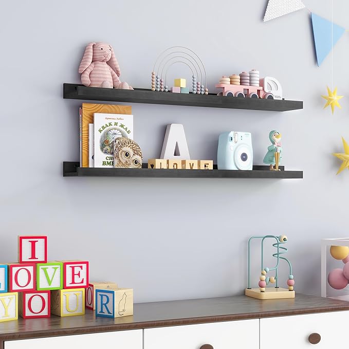 Picture Ledge Shelf Wall, 36 inch Solid Ash Wood Nursery Book Shelves 2 Packs, Floating Ledge Shelves for Kids' Room Bedroom 