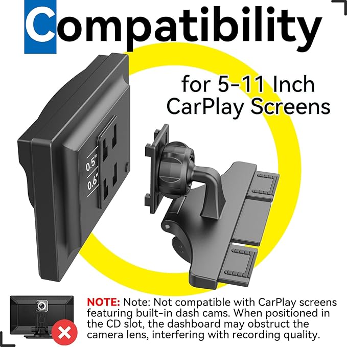 CD Slot Car Mount for Portable CarPlay Screens, Adjustable Angles, Low Profile and Sleek, Integrated Mounting Solution for in-Car Android Display Monitors (4-Tab Bracket Mount)