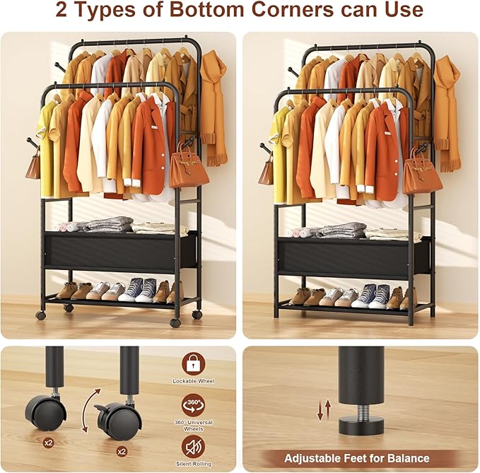 Furologee Clothing Racks for Hanging Clothes, Portable Rolling Garment Rack, Sturdy Metal Freestanding Clothes Rack with Whee