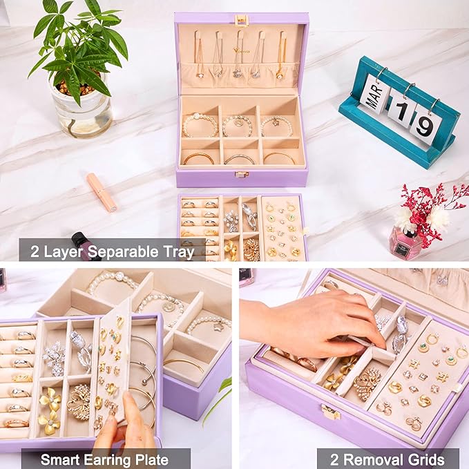 Voova Jewelry Box Organizer for Women Girls, 2 Layer Large Men Jewelry Storage Case, PU Leather Display Jewellery Holder with