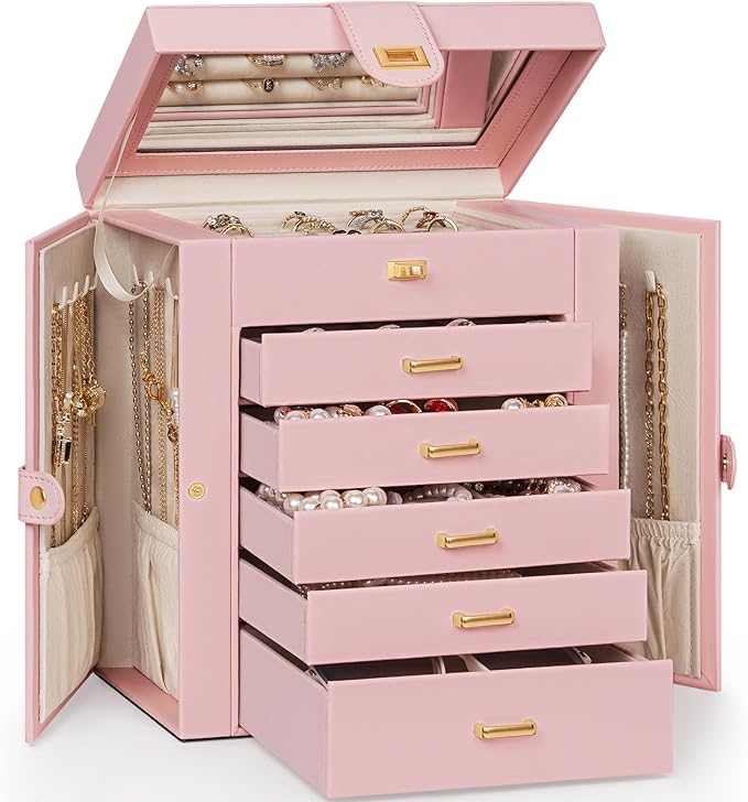 AKOZLIN 6-Tier Jewelry Box Organizer Functional 5 Drawers Leather Jewelry Storage Case for Women Girls Ring Necklace Earring 