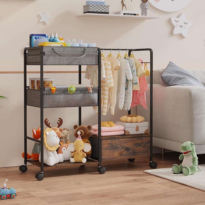 BBLIKE 3in1 Diaper Caddy Organizer - Diaper Caddy & Rolling Diaper Cart with Kids Clothing Rack for Nursery and Baby Essentia