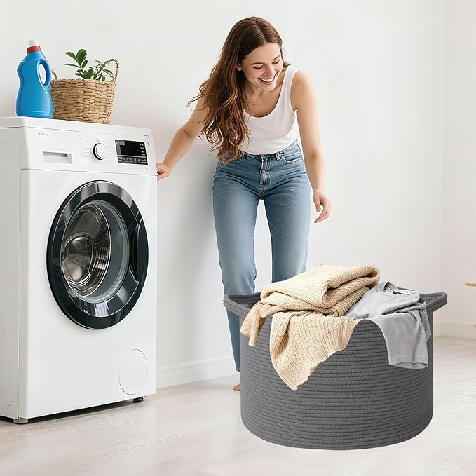 90L Extra Large Blanket Basket,Rope Woven Storage Basket with Handles, Laundry Hamper for Toys, Clothes, Pillows & Towels, Pe