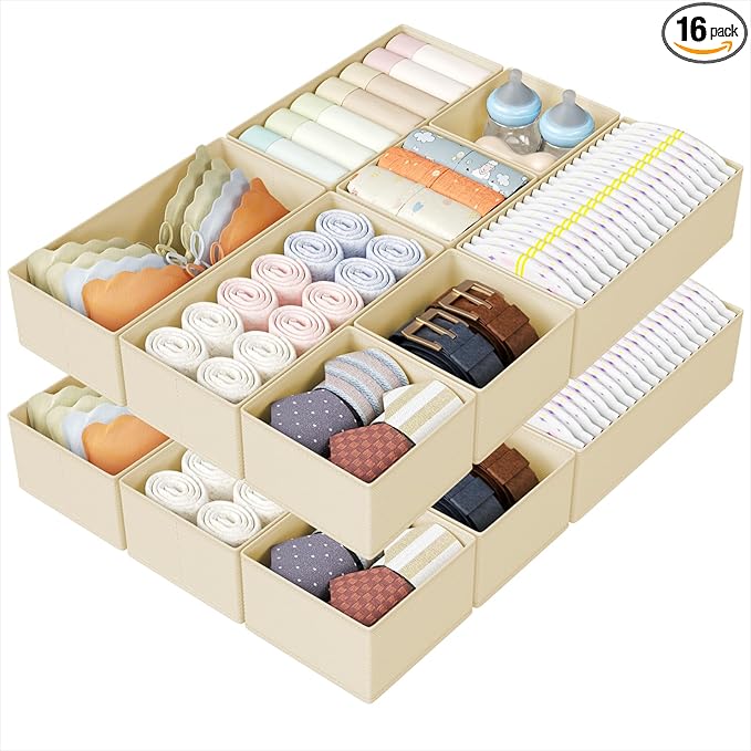 DIMJ Drawer Organizers Clothes, Set of 16 Dresser Organizer Bins, Fabric Closet Organizers and Storage, Shallow Drawer Divide
