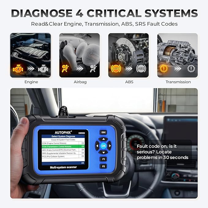 AUTOPHIX DM5900 OBD2 Scanner Diagnostic Tool for Engine, ABS, SRS, and Transmission, 12V Battery Health Test with Direct