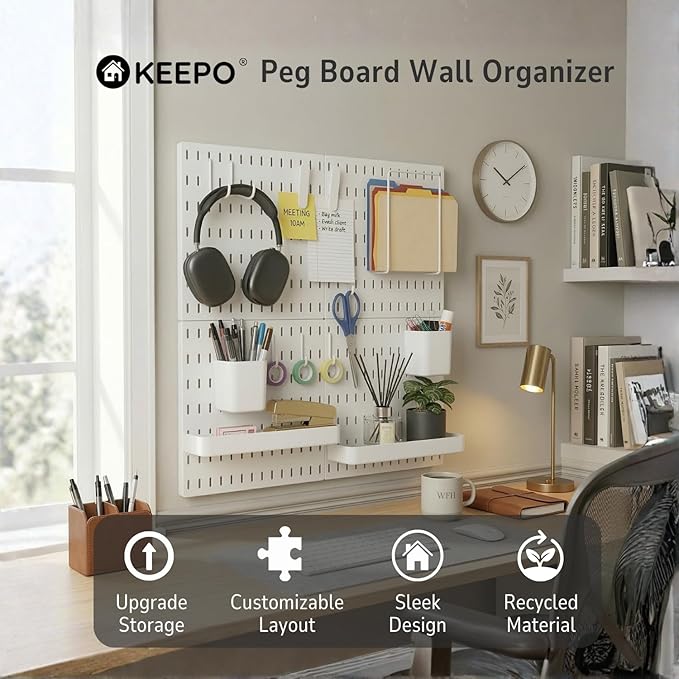 Keepo Peg Board Wall Organizer – Plastic Pegboard Panels, Modular Peg Board Storage System for Home Office, Craft Room, Gamin