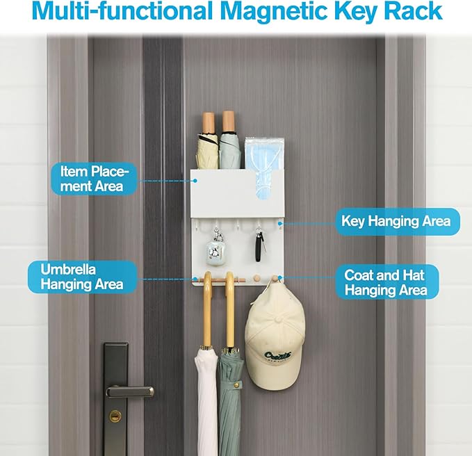 Magnetic Key Holder & Umbrella Holder for Wall, Multi-Functional Entryway Shelf for Tissues. Sturdy Hooks for Keys, Bags. Spa