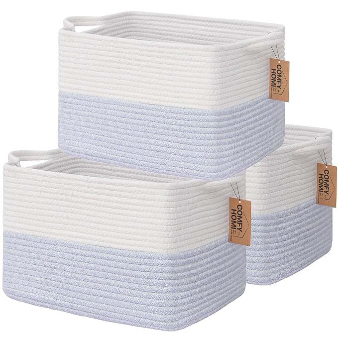 COMFY-HOMI 3PACK Cotton Rope Square Baske with Handles for Shelves|Dog Toy Baske Bin and Storage|Baby Baske for Gift|Shoe Bas