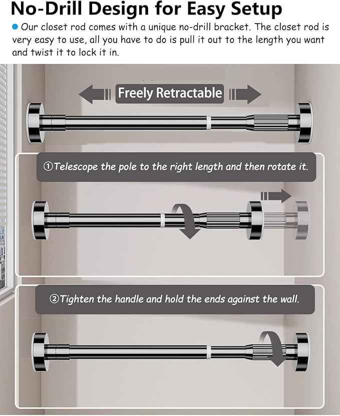 Adjustable Telescopic Closet Rod - No Drill Pressure Mount Wardrobe Hanging Bar, Space-Saving Extendable Clothes Rail (White,