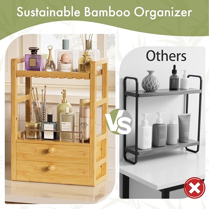 AmazerBath Bamboo Bathroom Countertop Organizer, 2-Tier Makeup Organizer with 2 Drawers, Vanity Organizer Storage Coffee Matc