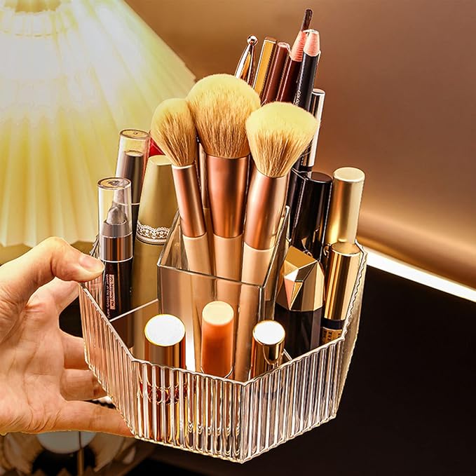 LINFIDITE 360°Rotating Makeup Brush Holder Cosmetic Display Case Clear Makeup Lip Gloss Organizer Case with 5 Slots Round Tur