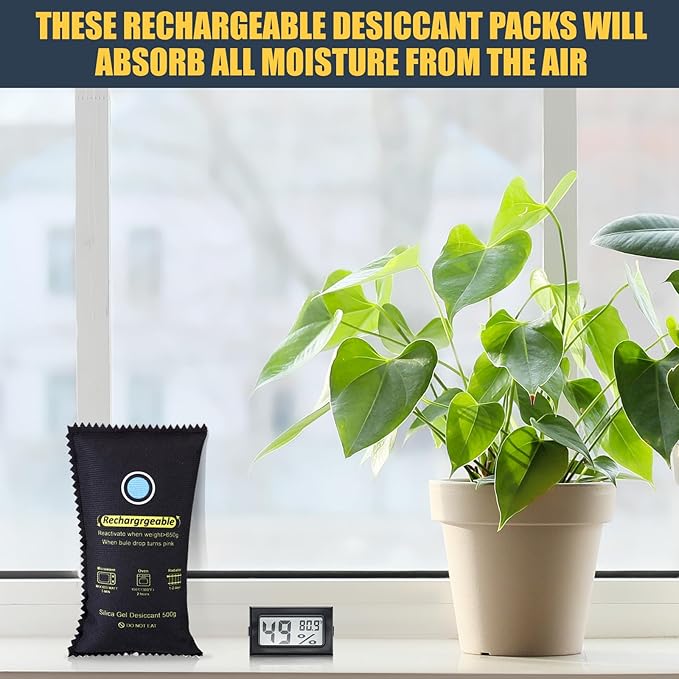 8 Pcs 500 Grams Rechargeable Silica Gel Desiccant Packets with Mini Digital LCD Hygrometer Thermometers Dehumidifier Bag for