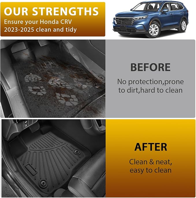 Powerty Floor Mat & Cargo Liner for Honda CRV 2023-2025 2026 (Include Hybrid), All Weather TPE Custom 1st & 2nd Row Floor Liner and Trunk (Upper Positon) Full Set Car Liners, Black