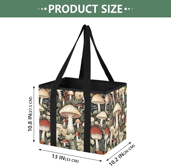 Mushrooms Reusable Grocery Bags Large Shopping Tote Bag with Reinforced Bottom Board, Water Resistant Foldable Storage Bags f