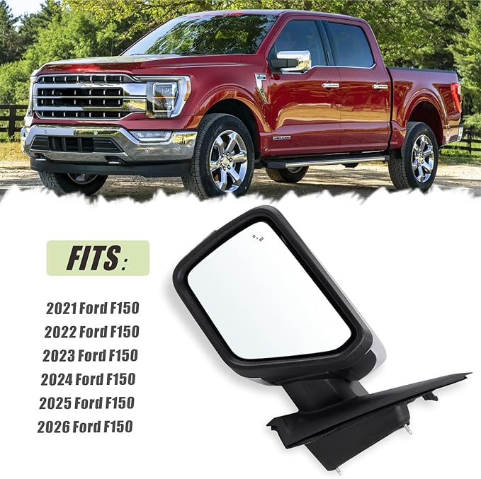 Left Driver Side Mirror Compatible With 2021-2026 Ford F150 With Manual Folding Power Glass Heated Blind Spot Turn Signal Light Puddle Light Chrome Replace#ML3Z17683SA(11Pins)