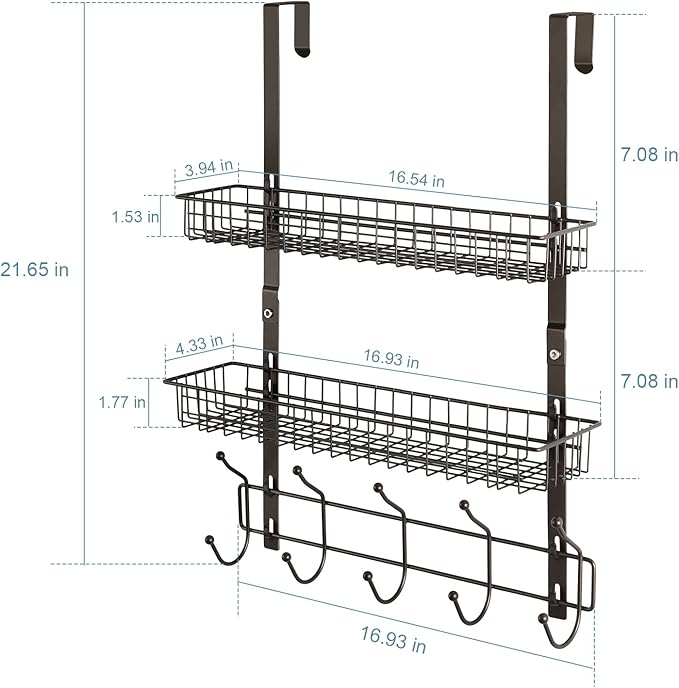 OYEAL Over The Door Hook Rack with 5 Hooks 2 Baskets Steel, Sturdy Durable Coat Rack Towel Hooks Hanging Organizer Shelves fo