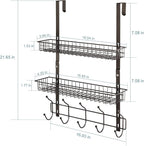 OYEAL Over The Door Hook Rack with 5 Hooks 2 Baskets Steel, Sturdy Durable Coat Rack Towel Hooks Hanging Organizer Shelves fo