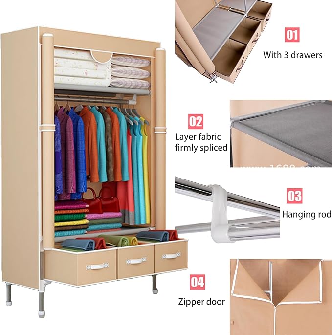 Portable Wardrobe Closet,Foldable Clothes Organizer with 3 Storage Box 35in Simple Non-Woven Fabric Wardrobe Multi-Functional