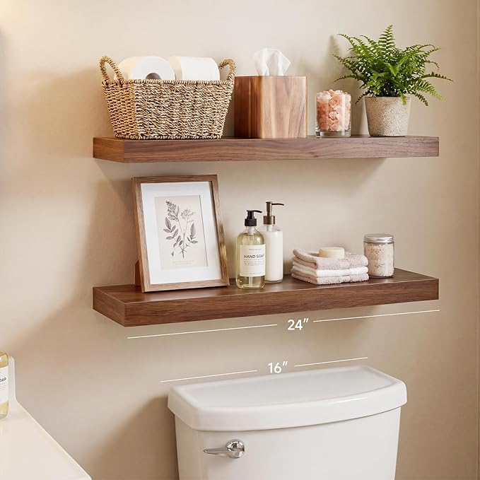 INHABIT UNION Walnut Floating Shelves for Wall, 24 in Wall Mounted Shelves Perfect for Bedroom, Bathroom, Living Room and Kit