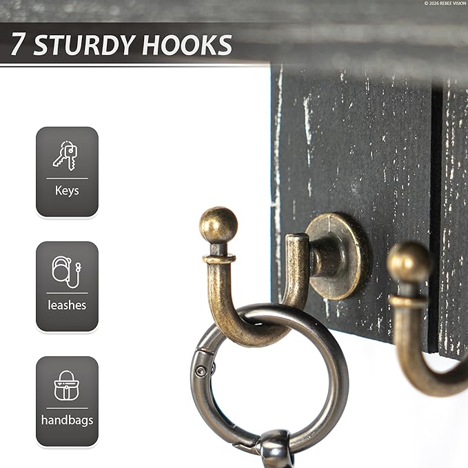 Rebee Vision Rustic Key Holder Wall Mount for Home Decor - Farmhouse Key Holder for Wall with Floating Shelf & 7 Sturdy Hooks