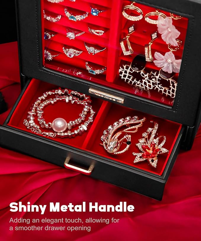 Homde Jewelry Organizer Girls Women Jewelry Box for Necklaces Rings Earrings Gift Bracelets Storage Case (Black + Red + Gold)