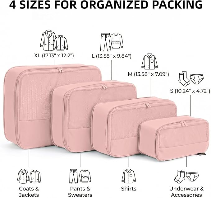 4 Piece Compression Packing Cubes for 3–7 Day Travel, Lightweight Travel Organizers with Breathable Mesh, Double-Zipper Packi