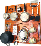 Wall Control Kitchen Pegboard Organizer Pots and Pans Storage Rack Organization Kit with Orange Pegboard and White Accessorie