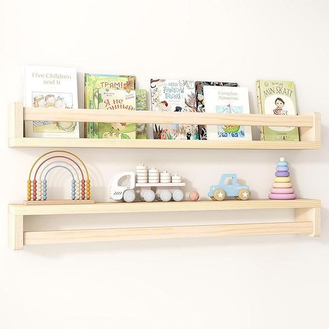 Fun Memories Nursery Book Shelves Set of 2, 32 Inch Solid Wood Wall Book Shelves, Kids Room Floating Shelves Organizer & Toy 