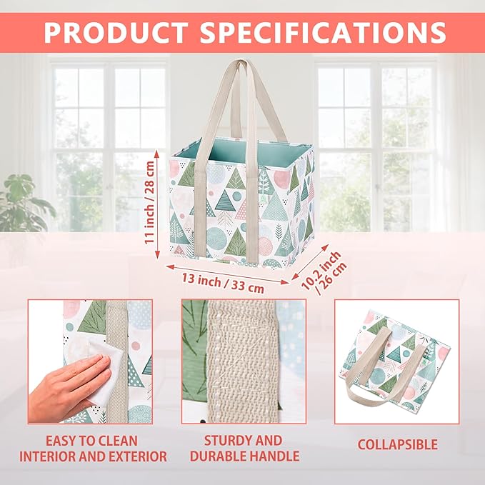 VENO 3 Pack Reusable Grocery Bags, Shopping Bags for Groceries, Tote with Handles and Hard Bottom, Foldable Shopping Cart Organizer, Water Resistant, Heavy-Duty (Pastel Forest, 6 Gallon)