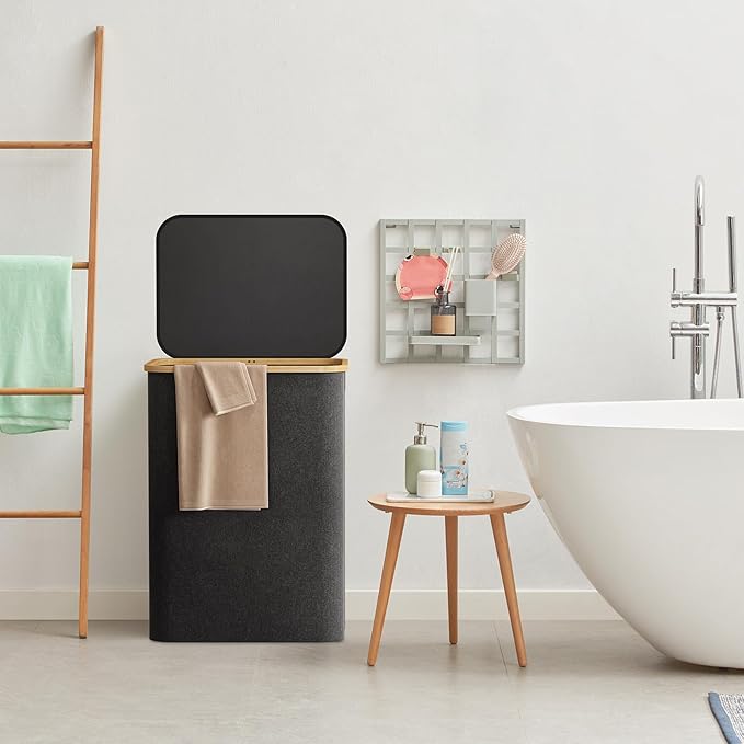 Lifewit 150L Laundry Basket with Lid, Clothes Hampers for Laundry with Bamboo Handles and 2 Removable Bag, Large Foldable Lau