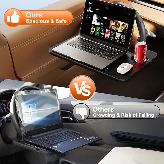 Angle Adjustable Car Steering Wheel Desk,3 in 1 Car Steering Wheel Tray,Car Laptop Mount | Car Reading Stand | Car Food Tray with Drinks Holder, Multipurpose Travel Car Accessories