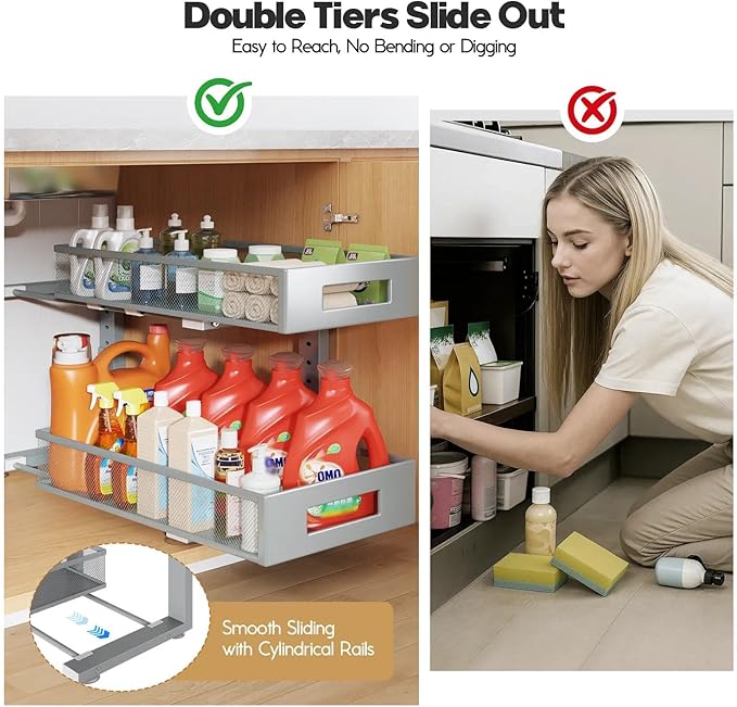 1 Pack 19IN Depth Under Sink Organizer, 2-Tier Pull Out Cabinet Organizer With Smooth Circular Rail, Large Capacity Metal Mes