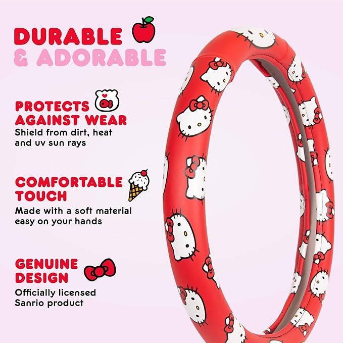 Hello Kitty Steering Wheel Cover by Sanrio, Universal Fit 14.5-15 Inch, Cute Red Car Accessories for Women, Soft Anti-Slip Grip Auto Protector